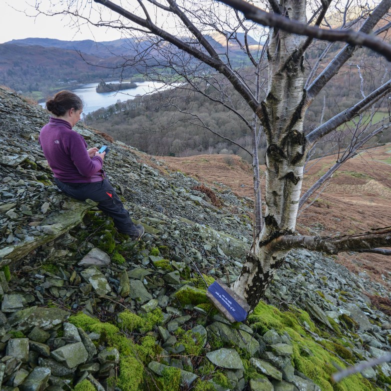 Harriet making notes after placing the sixth poem-stone above Rydal.