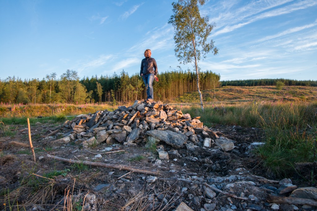 Harriet standing on the pile of stones at the treefold site Grizedale.